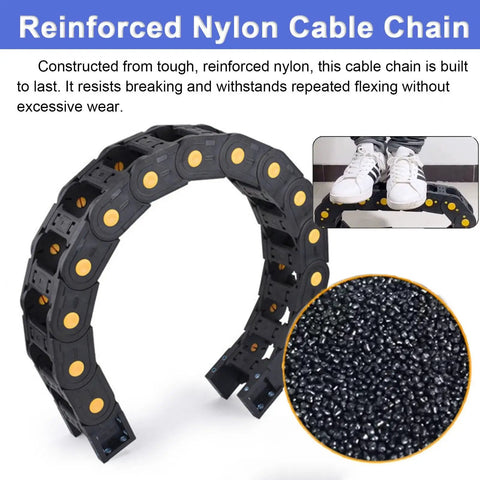 Hella Tough Openable Nylon Cable Drag Chain slick flexible wire management carrier for 3D printers, showing reinforced nylon construction.