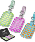 Leather Luggage Tag Set Three Pack TSA Approved Travel Essentials For Women Bag Tags For Luggage With Name Email And Phone Info Easy To Spot Across Long Flights And Airports Gift Worthy featuring neon checkered design and privacy covers.