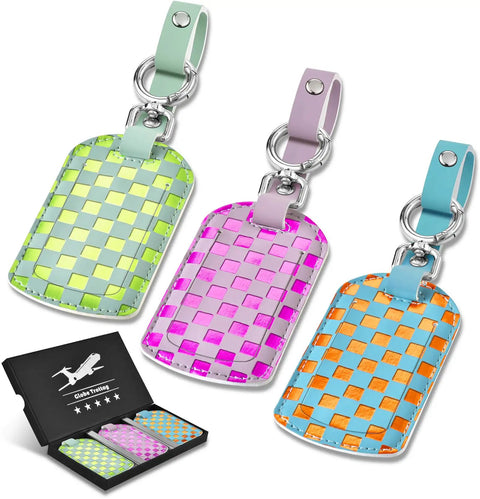 Leather Luggage Tag Set Three Pack TSA Approved Travel Essentials For Women Bag Tags For Luggage With Name Email And Phone Info Easy To Spot Across Long Flights And Airports Gift Worthy featuring neon checkered design and privacy covers.