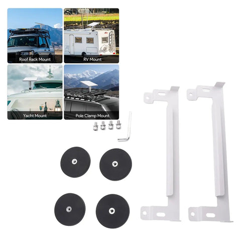 Versatile Mini Satellite Car Mount Kit With Magnetic Base showing brackets, accessories, and uses on vehicles and boats.