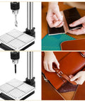 Upgraded Dope Leather Hole Puncher Kit For DIY Crafts Hand Punching Tool With Aluminum Plate And 16 Tools Includes Rivet And Snap Button Installers For Bags Belts Watch Straps And More, showing tool setup and use on leather