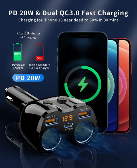 Beefed Up 180W Dual Cigarette Lighter Splitter With Independent Switches And Two Sockets QC3 And 20W PD USB C Car Charger in use