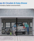 Magnetic Garage Screen Door For Two Cars 18x7 Feet With Retractable Fiberglass Mesh in use, allowing hands-free access.