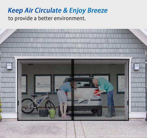 Magnetic Garage Screen Door For Two Cars 18x7 Feet With Retractable Fiberglass Mesh in use, allowing hands-free access.