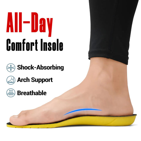 Close-up of a foot on an All-Day Comfort Insole with shock-absorbing and arch support, highlighting breathable features.