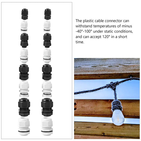40 Piece Waterproof Cable Gland Connector Kit With High Insulation Plastic Glands for Electrical Wires shown in black and white.