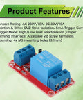 Four Channel 5V Relay Module With Optocoupler Isolation And High Low Level Trigger Ideal For Arduino STM32 Projects Prototyping And Diy Electronics Gear on green background with features listed