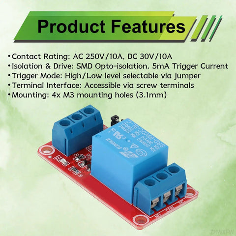 Four Channel 5V Relay Module With Optocoupler Isolation And High Low Level Trigger Ideal For Arduino STM32 Projects Prototyping And Diy Electronics Gear on green background with features listed