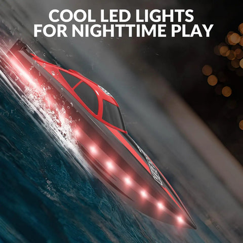 High Speed RC Boat With LED Hull Lights For Adults Up To 20 MPH Remote Control Boat 2.4GHz With Two Rechargeable Batteries For Pools And Lakes Red Gift Idea depicted on water with glowing LED lights at night.