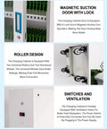 White 60 Slot Mobile Device Charging Cabinet With Secure Lockers For Tablets Laptops Phones Built Tough For Classrooms And Retail showcases locking door, roller design, ventilation features.