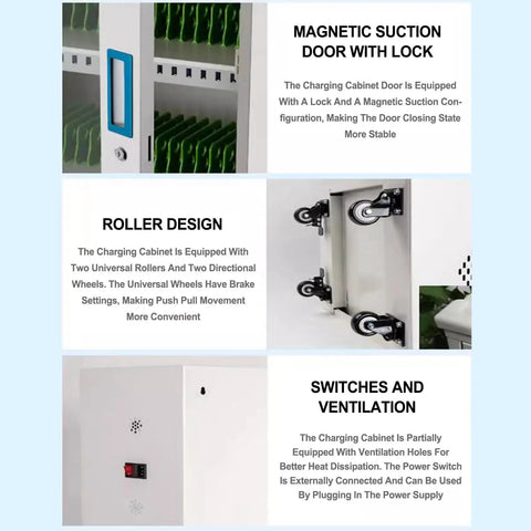 White 60 Slot Mobile Device Charging Cabinet With Secure Lockers For Tablets Laptops Phones Built Tough For Classrooms And Retail showcases locking door, roller design, ventilation features.