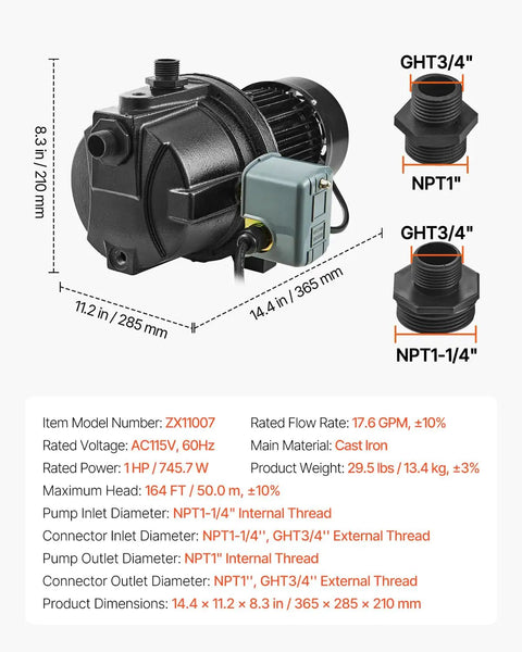 115 Volt Shallow Well Jet Pump 1 HP Heavy Duty Cast Iron Irrigation Water Pump with dimensions and connectors shown.