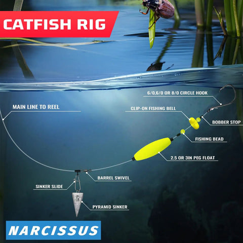 Catfish Rig Set With Six Pre-Tied Rigs Two Sinker Sliders Two Ounce Pyramid Sinker Float Rig Tackle Santee Rig And Circle Hooks