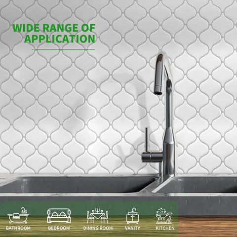 White Arabesque Peel And Stick Tile Backsplash in kitchen, 10 sheets self adhesive wall tiles, 12 by 12 inch, DIY friendly