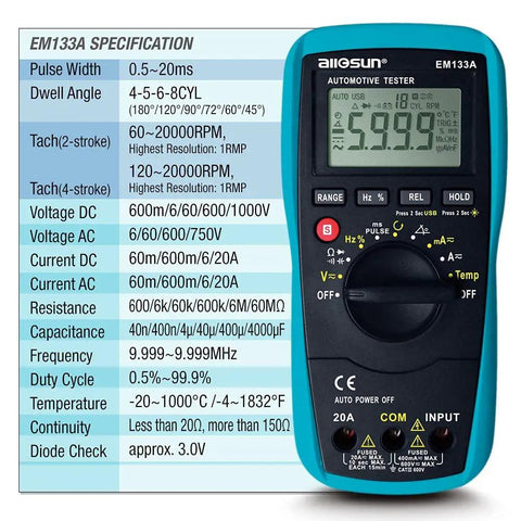 Automotive Dwell Meter Digital Multimeter Auto Range TRMS 5999 Counts Pro Grade Measures AC DC Amps Up To 20A And Volts To 1000V