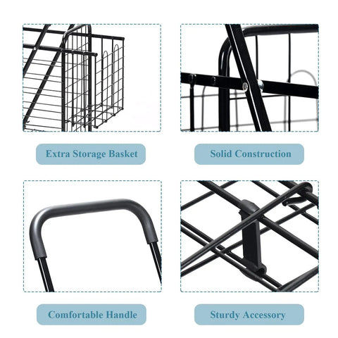 Close-up of Heavy Duty Foldable Grocery Cart with adjustable handle, extra basket, solid construction, and sturdy accessories.