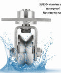 Heavy Duty V Groove Sliding Gate Rollers With Mounting Plate, 3 Inch 304 Stainless Steel Track Wheels shown in water splashes.