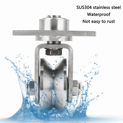 Heavy Duty V Groove Sliding Gate Rollers With Mounting Plate, 3 Inch 304 Stainless Steel Track Wheels shown in water splashes.
