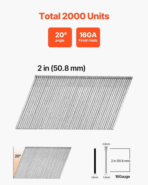 Sixteen Gauge Two Inch Angled Finish Nails Twenty Degree Offset Two Thousand Count Galvanized Steel, 2000 units displayed.