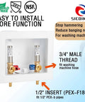 Washer Outlet Box With Water Hammer Arrestor And Valves For Quiet Laundry, showing 3/4 inch male thread inlet and PEX-F1807 fitting.