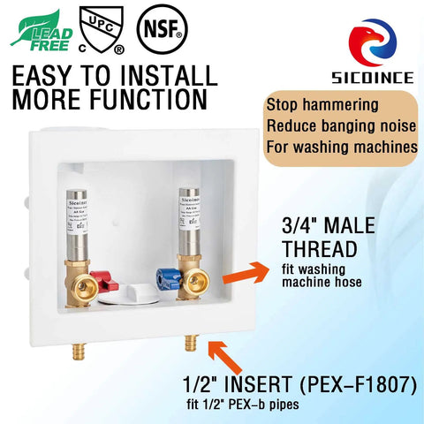 Washer Outlet Box With Water Hammer Arrestor And Valves For Quiet Laundry, showing 3/4 inch male thread inlet and PEX-F1807 fitting.