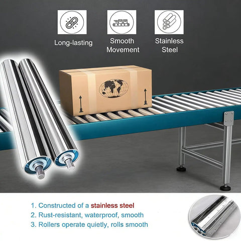 Heavy Duty Stainless Steel Conveyor System Replacement Roller 1 Inch Diameter By 11.8 Inch Length For Warehouse Factory And Machine Tool Table Equipment Super Strong Metal Rollers 5 Packs on conveyor with box.