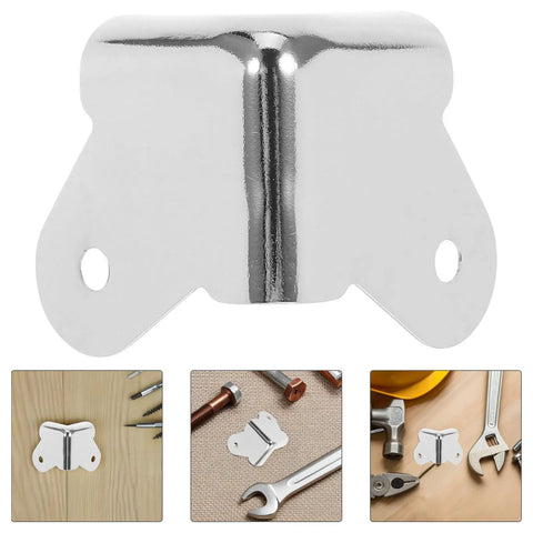 12 Pack Metal Cabinet Corner Protectors 1.57 Inch Silver Iron Edge Bumpers on wood surface with tools