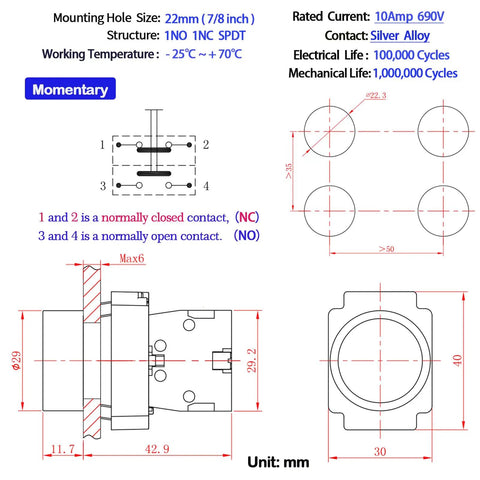 Technical diagram of 2 Pack 22mm Momentary Push Button Switches Red And Green 1NO 1NC SPDT Metal Head Waterproof IP65