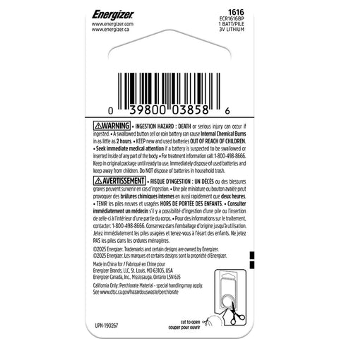 Heavy Duty Cr1616 Lithium Coin Battery One Pack Delivers Kickass Reliable Power For Heart Rate Monitors Remotes Keyless Entry Systems And Glucose Meters With Up To Ten Years In Storage Ready To Roll Whenever You Need It packaging with safety warnings and instructions.