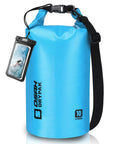 Blue 10L roll top waterproof dry bag with free waterproof phone case, lightweight yet heavy duty gear sack for travel beach kayaking.