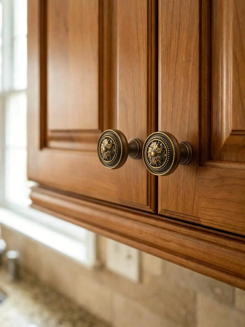 Top Tier Zinc Alloy Cabinet Knobs And Drawer Pulls Antique Brass Finish Five Pack Vintage Hardware For Kitchen Remodel Big Time Home Glow Up No Fuss Upgrade on wooden cabinet doors.