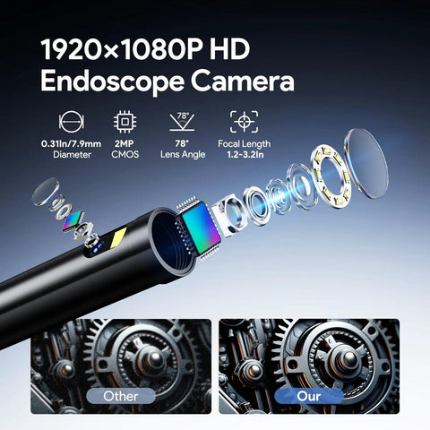 Dual Lens 1080P Endoscope Camera With Light 4.3 Inch IPS Display And 16.5 Foot Snake Cable Waterproof Borescope lens design