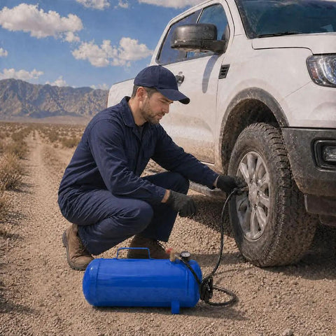 Aynuma 11 Gallon Portable Air Tank Heavy Duty Metal Compressor used for inflating tire in roadside emergency.