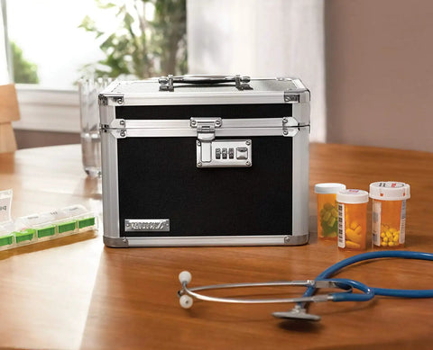 Heavy Duty Combination Lock Box For Documents And Valuables With Safe Storage For Cash, Meds, And Personal Gear on table