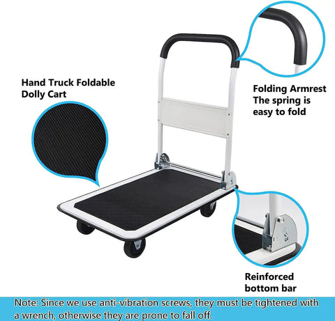 Foldable Platform Cart With 330 Lb Capacity And Two Ropes, black platform and folding armrest, reinforced bar