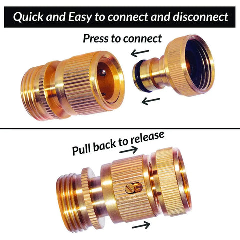 Brass Garden Hose Quick Connect Fittings Three Quarter Inch GHT Leak Proof with easy disconnect for watering.