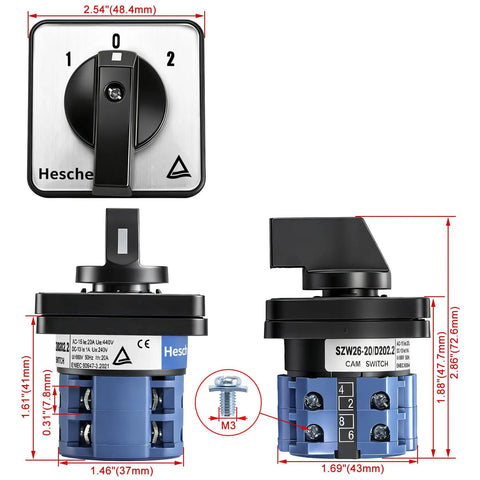 Universal Rotary Cam Selector Changeover Switch SZW26 20 D2022 with dimensions and 3-position, 2-phase, 8 terminals layout