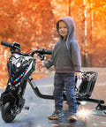 Rad Electric Crazy Drift Cart for Kids Big Wheel Drift Trike 12V Ride On Car With Swivel Steering Slide Seat 360 Degree Drifting Adjustable Size for Growing Riders Strong Steel Frame Black, child standing beside