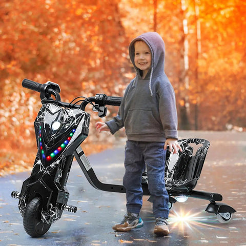 Rad Electric Crazy Drift Cart for Kids Big Wheel Drift Trike 12V Ride On Car With Swivel Steering Slide Seat 360 Degree Drifting Adjustable Size for Growing Riders Strong Steel Frame Black, child standing beside