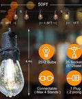 Diagram of 100-Foot Outdoor String Lights With 54 Shatterproof Edison S14 Bulbs, illustrating 50ft segment, sockets, connections.
