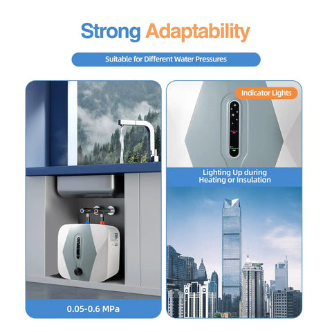 Compact Electric Mini Tank Water Heater With Ridiculously Fast 1500W Instant Hot Output Ideal For Under Sink Placement Delivers Smooth Warm Water Flow For Daily Needs With Dead Simple Setup, showing under-sink installation with indicator lights.