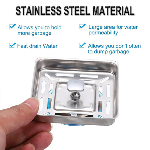 Thick Gauge Stainless Steel Square Sink Strainer Center Post Anti Clog Mesh Drain Filter blocks food hair and debris, rust proof design.