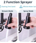 Brushed Nickel Wall Mount Kitchen Faucet With Pull Down Sprayer 360 Degree Swivel Dual Spray Modes showing stream and spray modes