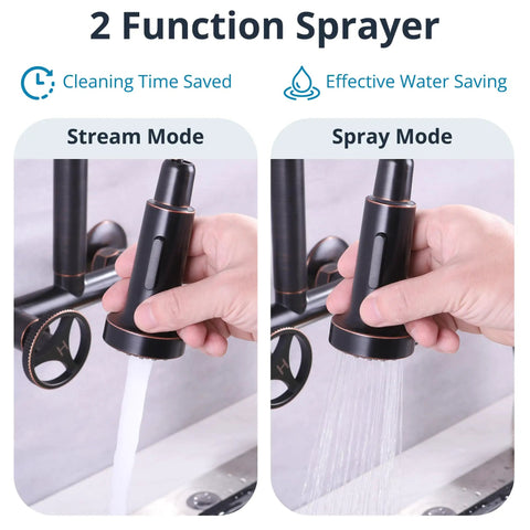 Brushed Nickel Wall Mount Kitchen Faucet With Pull Down Sprayer 360 Degree Swivel Dual Spray Modes showing stream and spray modes
