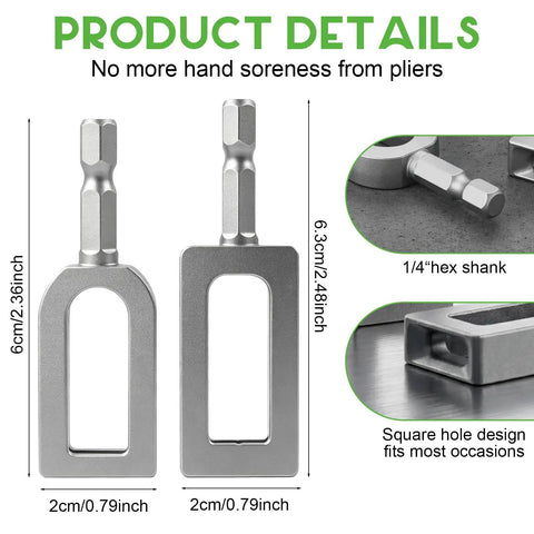 Heavy Duty Electric Wire Twisting Tool With 1/4 Inch Hex Shank Alloy Steel Construction showing square hole design and size details.