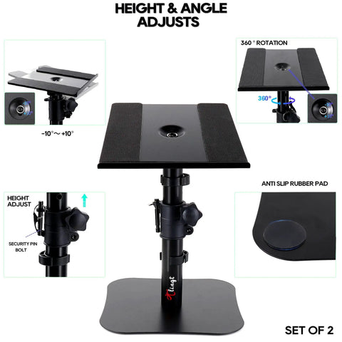 Heavy Duty Desktop Speaker Stands Pair With Flat Base Adjustable Height And Tilt Universal Platforms For Computer Or Home Theater Elevates Sound To Ear Level With Lockable Height Positions