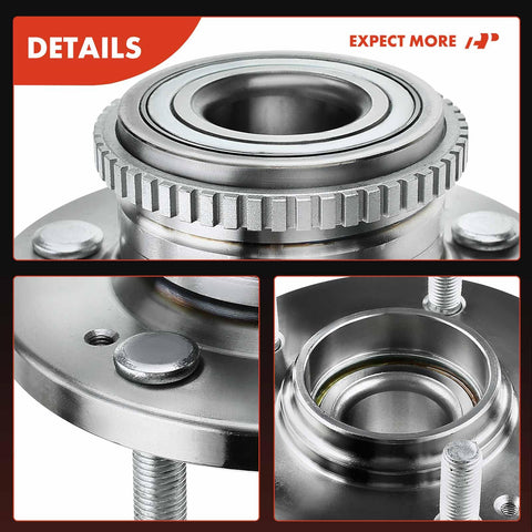 Close-up of metal rear wheel bearing and hub assembly with ABS ring for Hyundai Santa Fe 2001-2006, 5-lug fitment.