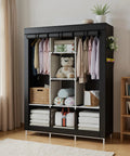 Dope Space Saver Portable Wardrobe Closet Organizer With Non Woven Fabric Cover, filled shelves and hanging garments, beige items