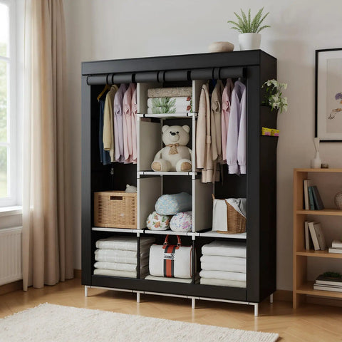 Dope Space Saver Portable Wardrobe Closet Organizer With Non Woven Fabric Cover, filled shelves and hanging garments, beige items
