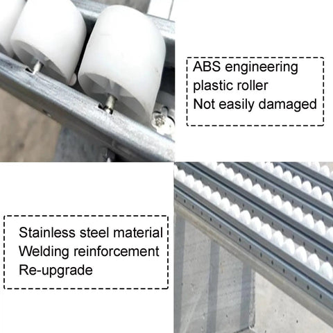 Close-up of ABS plastic rollers and stainless steel frame on Slick Four Row Abs Plastic Gravity Slide Conveyor With Stainless Steel Frame Easy Roll Unloading Pulley Smooth Operator For Warehouse Loading Dock Quick Fold Storage And No Sweat Freight Hauling Gear.